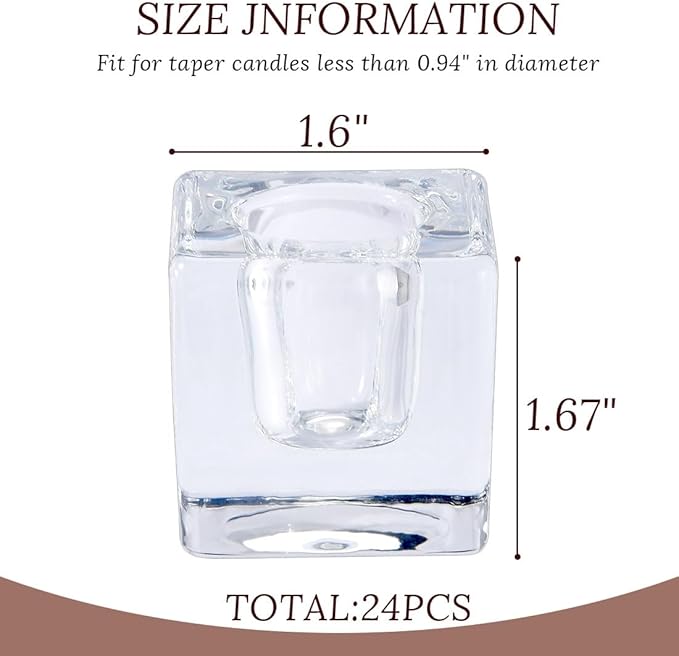 Glass Taper Candles Holders Bulk, Set of 24 Clear Glass Candlestick Holders for Christmas Festival Dinning Table