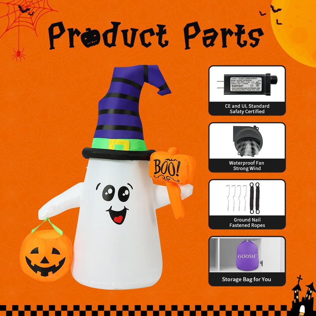 GOOSH 5 FT Halloween Inflatables Ghost Outdoor Decorations Blow Up Yard Cute Wizard Ghost with Pumpkin with Built-in LEDs for Garden Lawn Indoor Party Holiday Decor