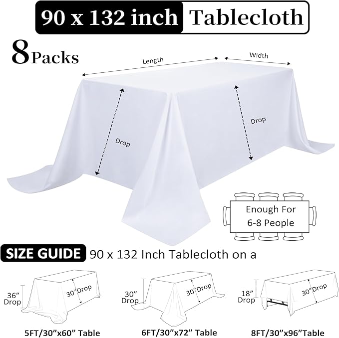 8 Pack White Table Cloth 90 x 132 Inch Rectangular Tablecloths for 6 Foot Rectangle Tables, Wrinkle Resistant White Tablecloth Washable Polyester Fabric Table Covers for Party Wedding Banquet