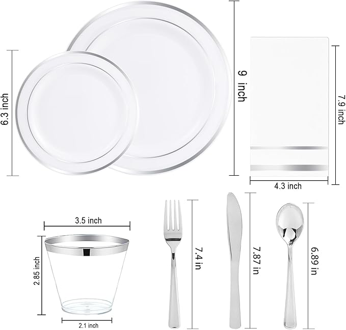 NOCCUR 700PCS Silver Plastic Plates Disposable for 100 Guests - Include 100 Dinner/Dessert White Plastic Plates with Silver Trim,300 Cutlery,100 Cups,100 Napkins for Party&Christmas