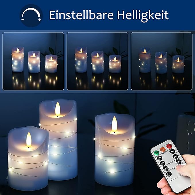 danip Sky Blue LED Flameless Candle, with Embedded Star String, 3-Piece Set of LED Candles, with 11 Button Remote Control, 24-Hour Timer Function, Dancing Flames, Real Wax, Battery Powered.