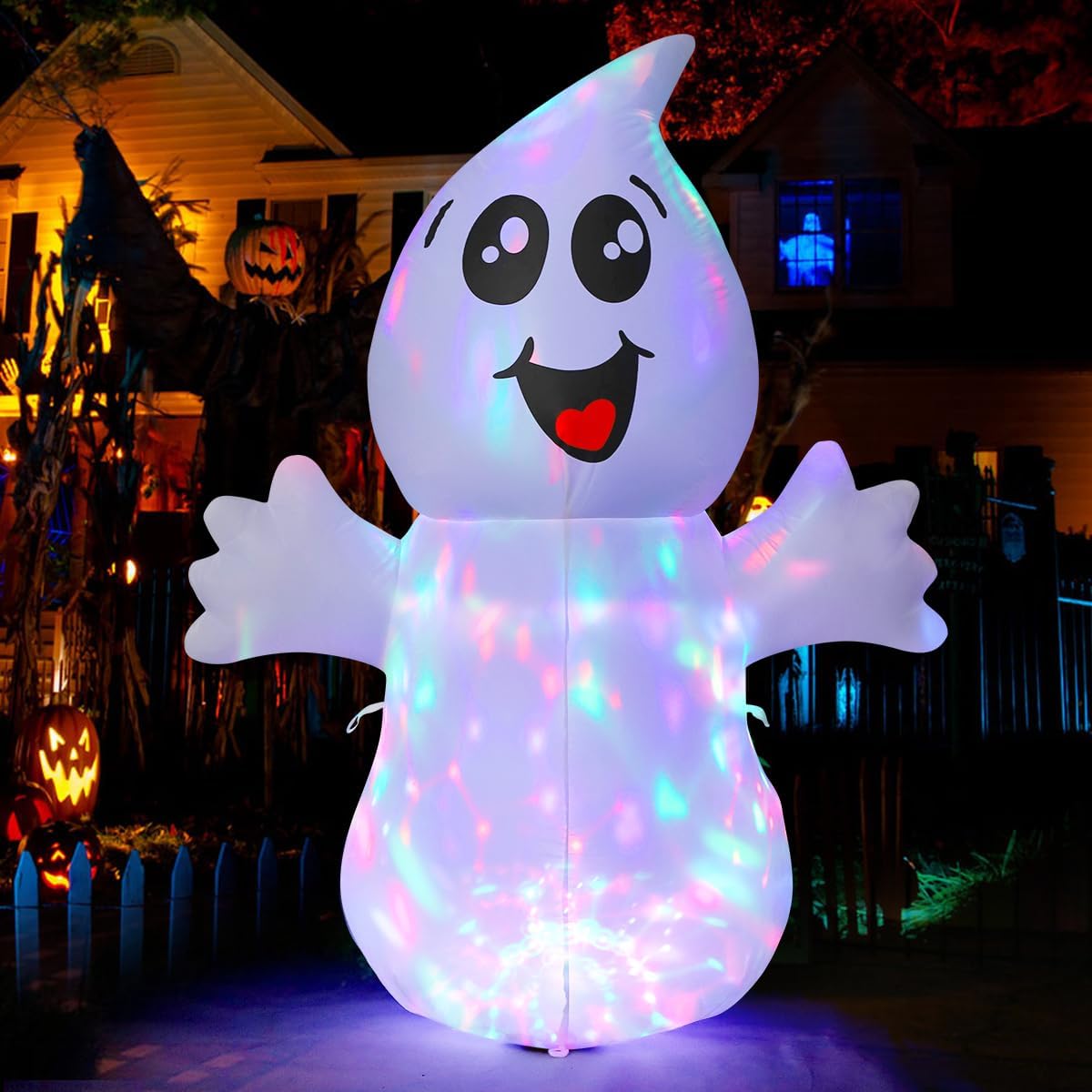 GOOSH 5 FT Halloween Inflatable Ghost Outdoor Decoration with Magic Light, Blow Up Yard Decoration with Built-in LEDs for Garden Lawn Indoor Party Holiday Decor