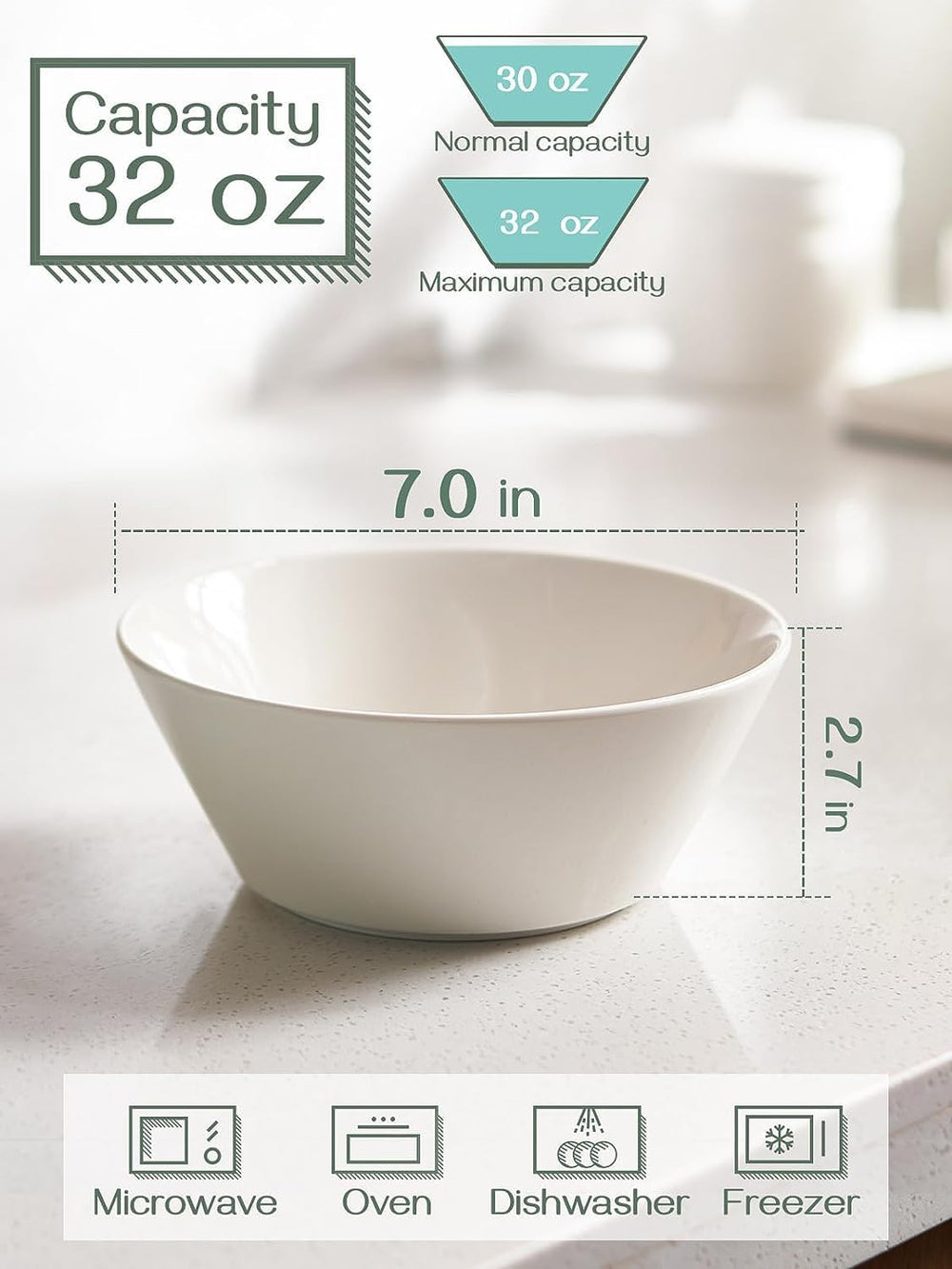 DOWAN 32 OZ Large Soup Bowls Set of 4 - White Ceramic Bowls for Kitchen, Deep...