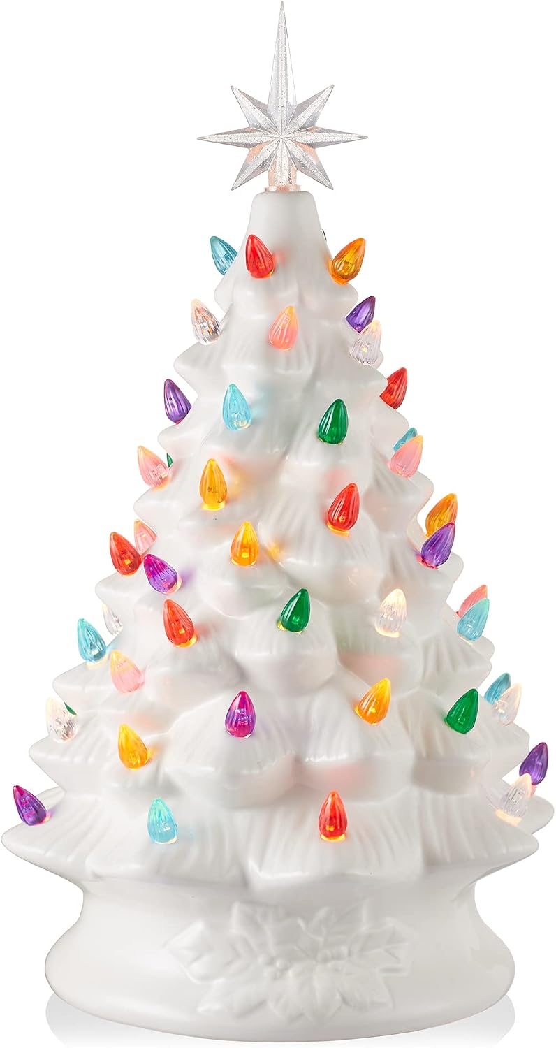 Casafield Hand Painted Ceramic Christmas Tree, White 15-Inch Pre-Lit Tree with 128 Multi Color Lights and 2 Star Toppers