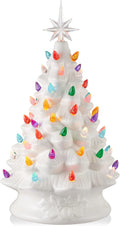 Casafield Hand Painted Ceramic Christmas Tree, White 15-Inch Pre-Lit Tree with 128 Multi Color Lights and 2 Star Toppers