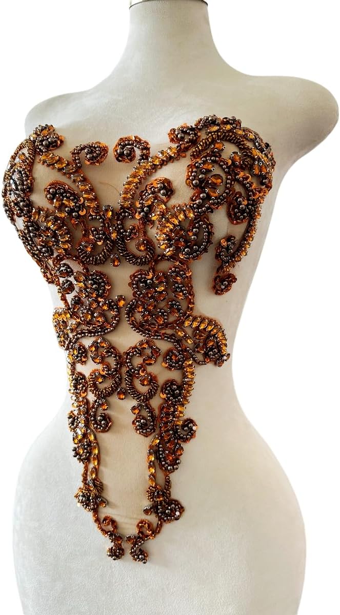 Handmade Rhinestones lace Trim Patches handsewing Beads Applique for Dress DI...