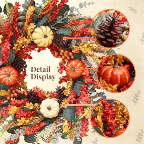 22" Fall Eucalyptus Wreaths for Front Door with Mixed Pumpkins and Berries