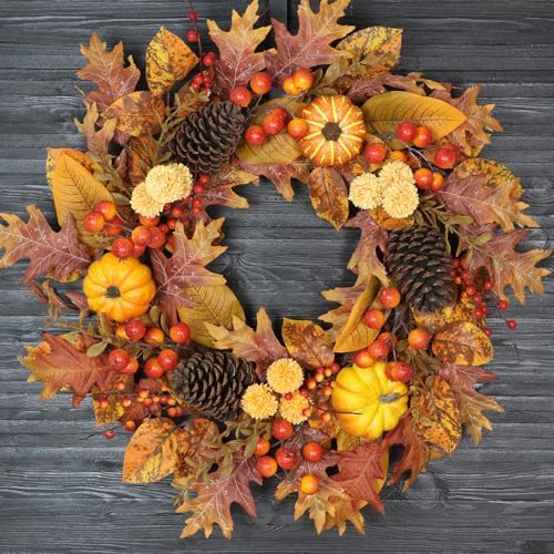 24 Inch Fall Wreath for Front Door, Pumpkin Berry Maple Leaf Autumn Decor
