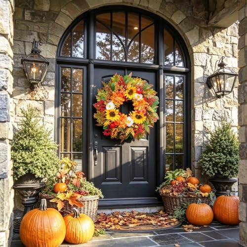 Fall Wreaths for Front Door, 24 Inch Autumn Wreath Luxury Harvest and Thanksgiving Indoor & Outdoor, Fall Door Wreath with Dahlias, Sunflowers,Peony&Pumpkins, Fall Wreath for Outdoor Wreaths