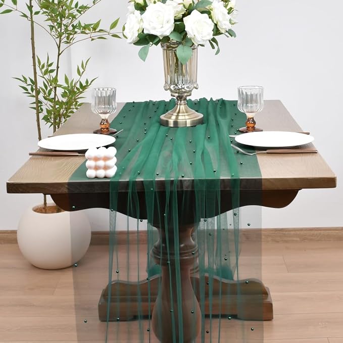 Joanlody Fall Pearl Table Runner 10ft Rustic Boho Tulle Table Runner with Pearls for Baby Shower Wedding Party Veil Dessert Thanksgiving Table Decor Emerald Green 4pcs