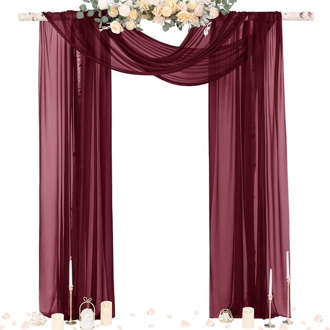 Socomi Wedding Arch Draping Fabric 29" x 20Ft 2 Panels Burgundy Sheer Outdoor Curtain Drapes Extra Long for Bridal Baby Shower Ceremony Birthday Party Decor