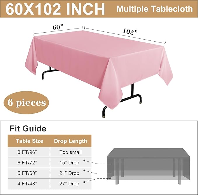sancua 6 Pack Pink Tablecloth 60 x 102 Inch, Rectangle Table Cloth for 6 Feet Tables - Stain and Wrinkle Resistant Washable Polyester Table Cover for Dining Tables, Buffet Parties and Camping