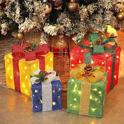 Set of 4 Christmas Lighted Gift Boxes Decorations, Pre-lit Tinsel Present Box with Bowknot(Red Green Yellow Blue), Light Up Xmas Tree Skirt Ornament, Indoor Outdoor Plug in for Home Holiday Party