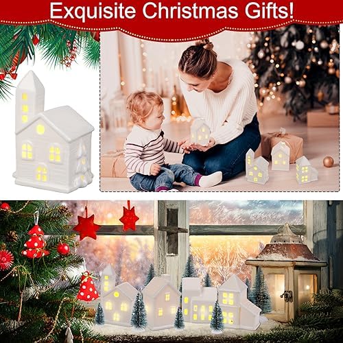 Fovths 39 Pieces LED Lighted Ceramic Winter Village Building Figurines and Accessories Desktop Ornament Set for Holiday Party Decor