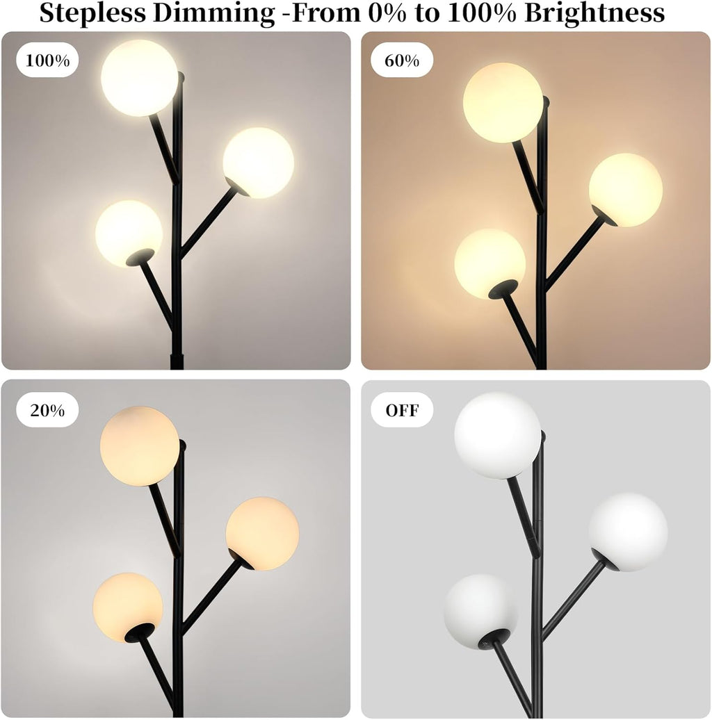 Ldeco 3-Globe Mid Century Black Tree Floor Lamp for Living Room,70in Tall Modern Stepless Dimmable Standing Lamp with Frosted Glass Shade for Office Bedroom, Study Room Bulbs Included(dimmer-Black)