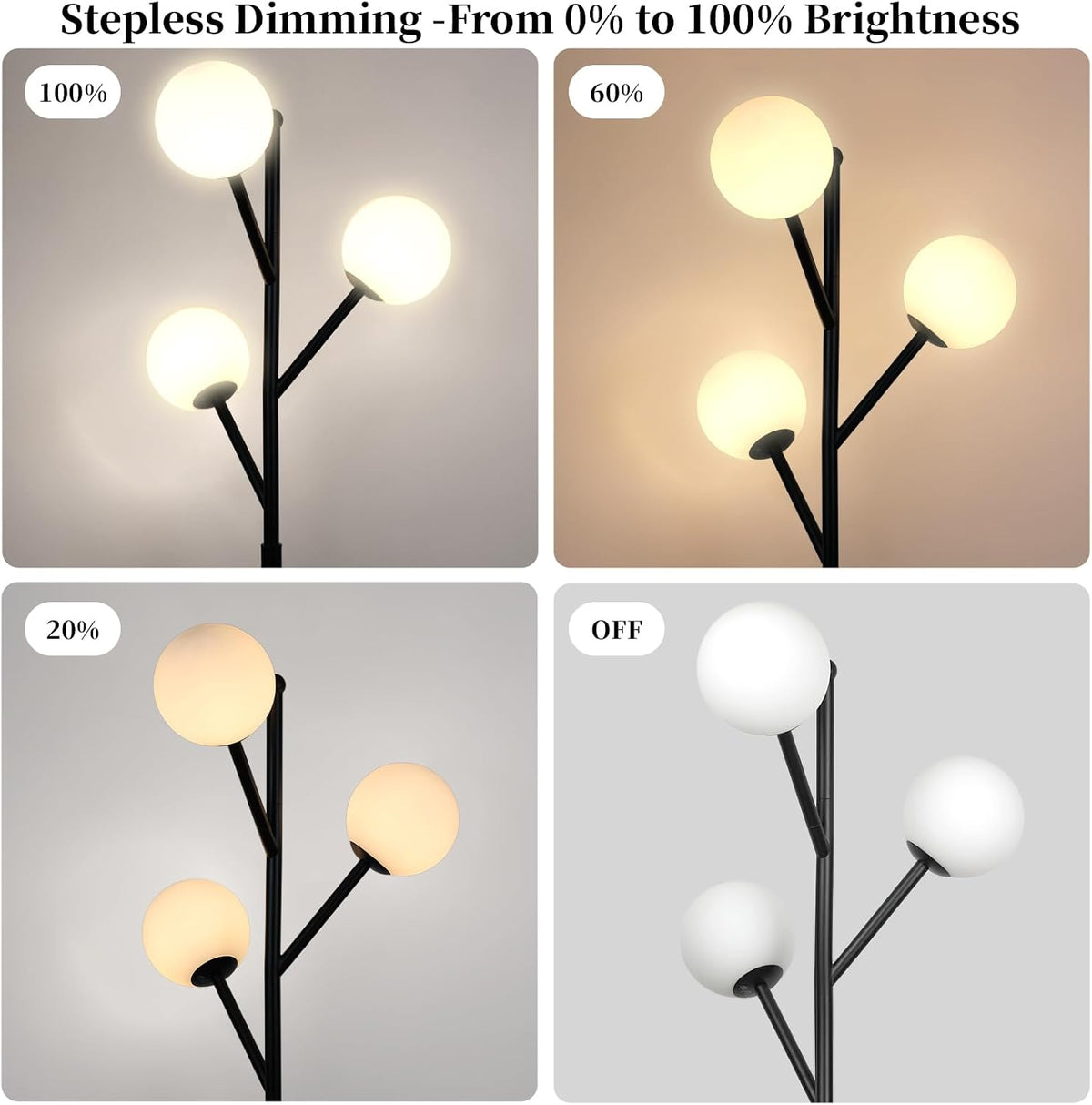 Ldeco 3-Globe Mid Century Black Tree Floor Lamp for Living Room,70in Tall Modern Stepless Dimmable Standing Lamp with Frosted Glass Shade for Office Bedroom, Study Room Bulbs Included(dimmer-Black)