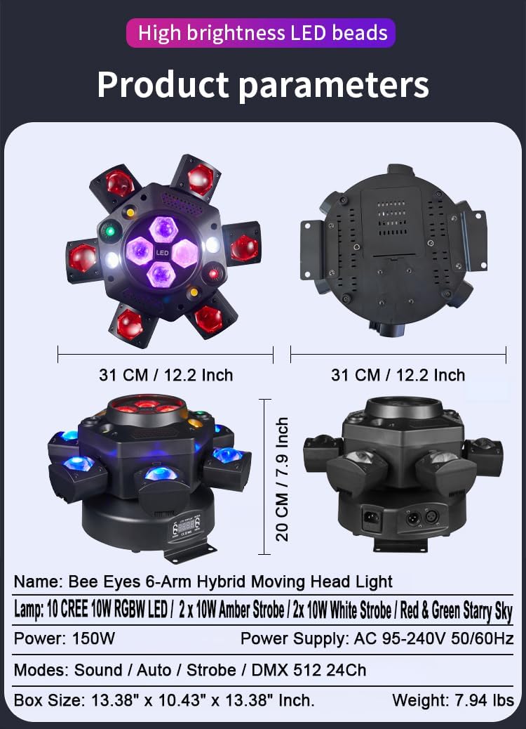 150W 6-Arm Spider Bee-Eye Moving Head LED DJ Light