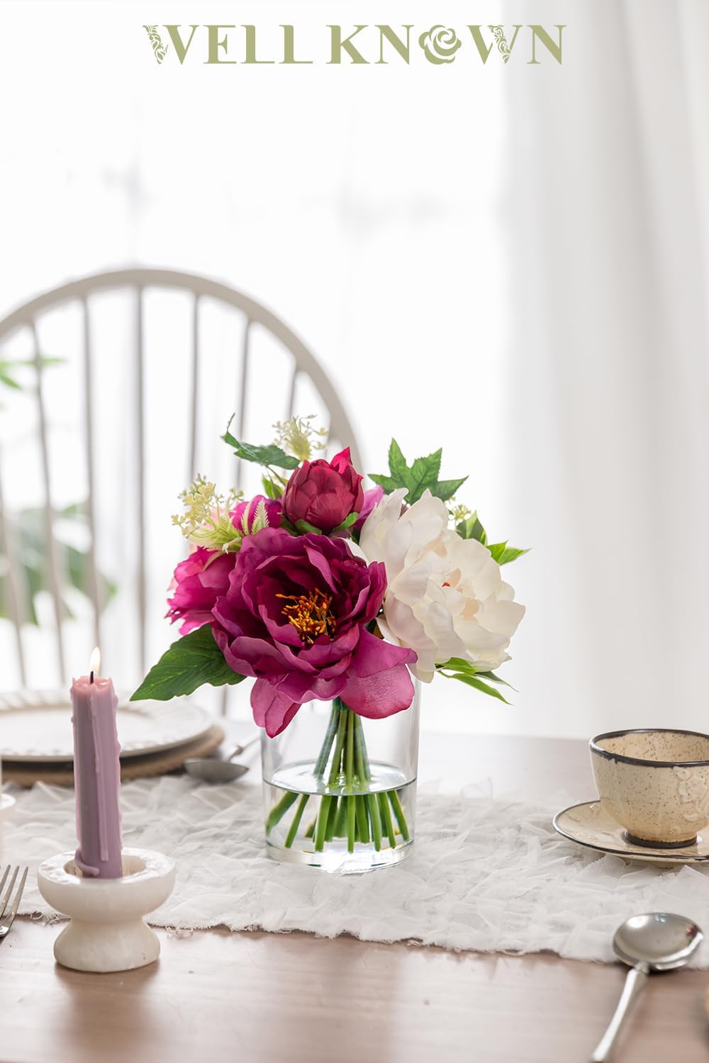 WELL KNOWN Artificial Flowers in Glass Vase with Fake Water, Silk Peony Flowe...