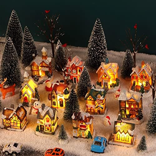 Kajaia 24 Pcs Christmas Houses Village and Mini Trees LED Lights Town Set
