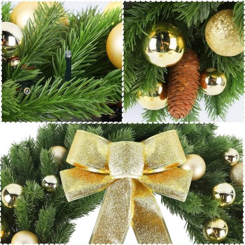 Hausse 21" Lighted Christmas Wreath with Metal Hanger, Pre-lit Xmas Folded Wreath with LED Lights, Golden Bow & Balls, Battery Operated & Timer for Front Door Gate Wall Holiday Party Decor