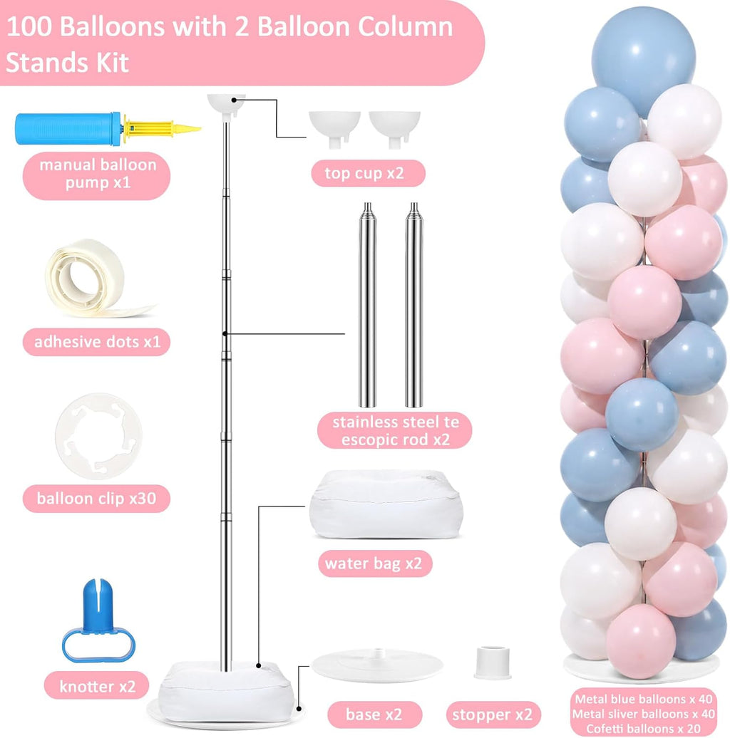 2 Sets Adjustable Balloon Column Stand Kit with Bases（Pink Blue）