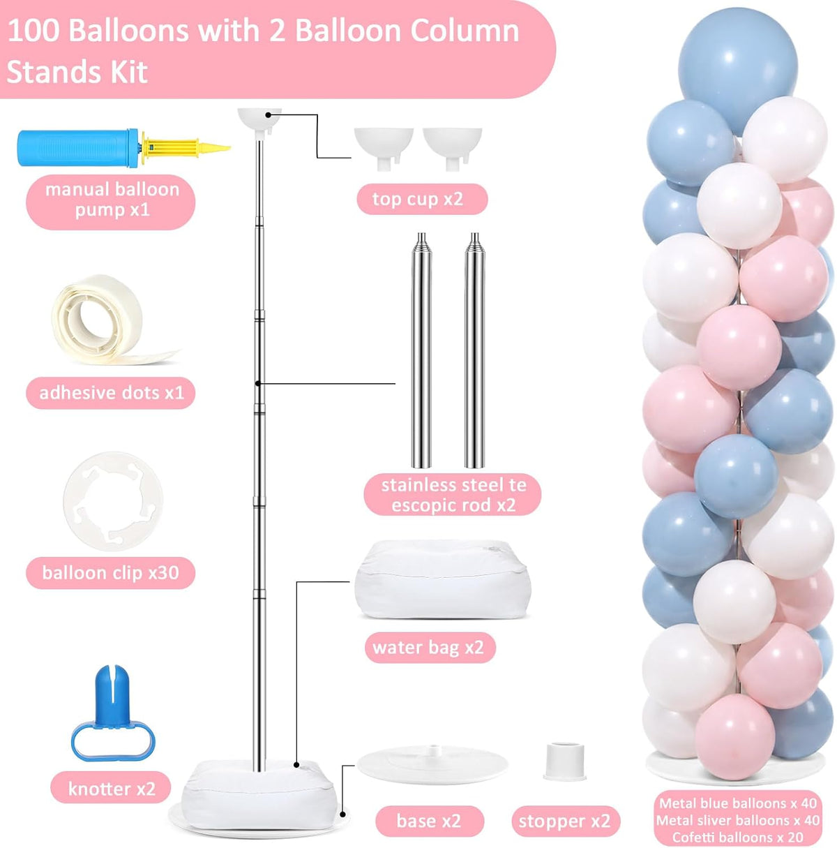 2 Sets Adjustable Balloon Column Stand Kit with Bases（Pink Blue）
