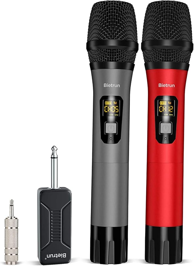 Bietrun Wireless Microphone, Professional UHF Metal Dual Handheld Cordless Dynamic Mic System Set with Rechargeable Receiver, 1/4‘’Output, Plug and Play, Instrument-Wireless-Mics for Karaoke, Wedding