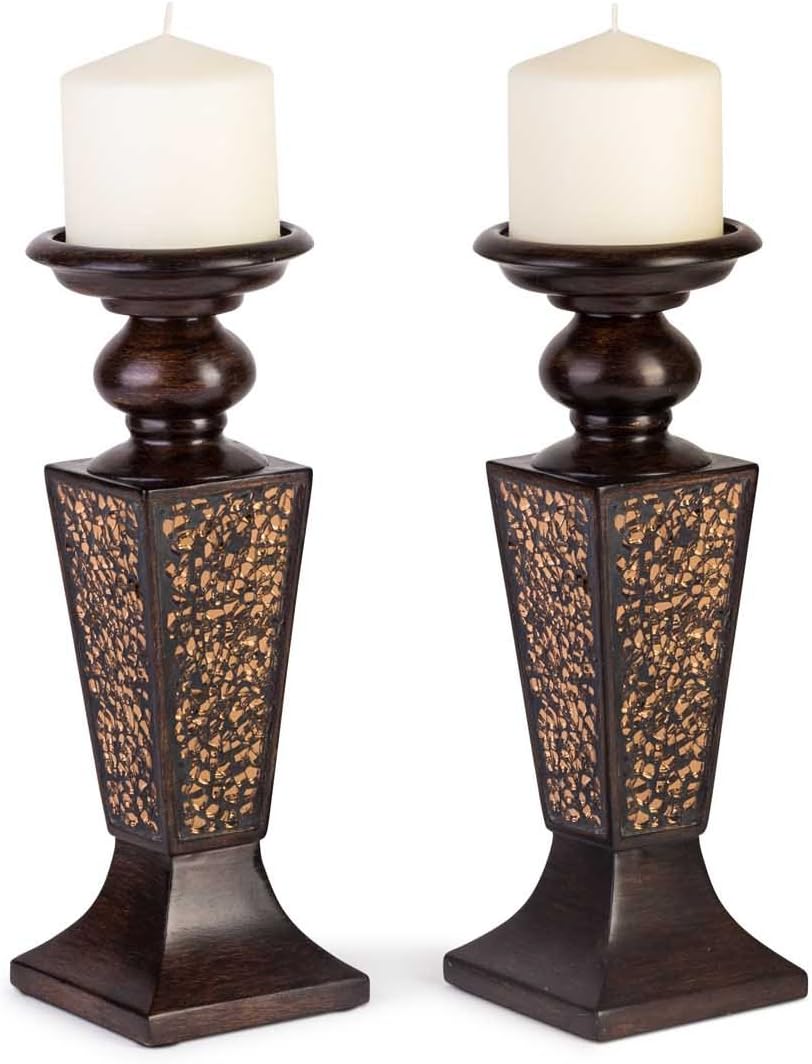 Creative Scents Schonwerk Brown Pillar Candle Holder Set of 2- Crackled Mosai...