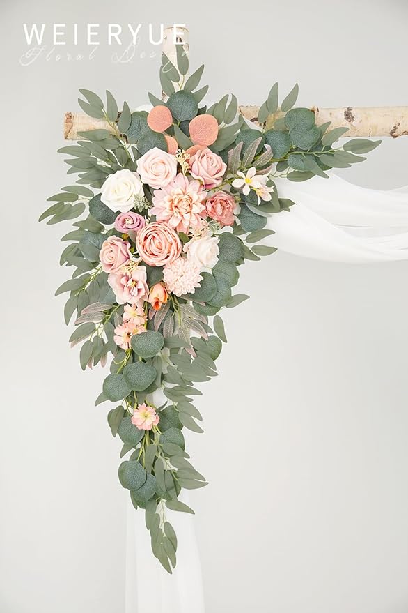 Artificial Wedding Arch Flowers Kit(Pack of 3),2Pcs Artificial Flower Arch Decor,1Pcs Sheer Drape for Wedding Ceremony Arbor for WeddingCeremony (Romantic Pink)