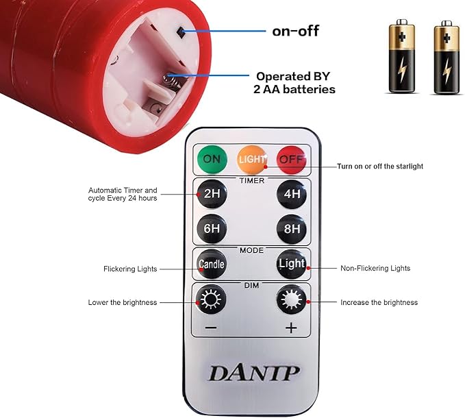 danip red LED flameless Candle with Embedded Star String, 3-Piece Set of LED Candles, with 11 Button Remote Control, 24-Hour Timer Function, Dancing Flames, Real Wax, Battery Powered. (Red)