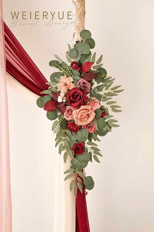 Deluxe Wine Red Artificial Wedding Arch Flowers with Drapes Kit-Pack of 5, 2pcs Flower Arrangements 3pcs Hanging Valance Red Ceremony Arbor Reception Backdrop Rose Floral Decorations.