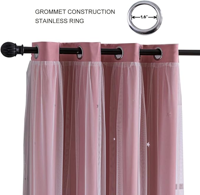 FANLI 2 Panels Star Blackout Curtains for Kid Girls Bedroom Living Room Darking Stripe Double Layer Star Cut Out Wall Home Decor Gradient Grommet Window Curtains (Pink 84L)