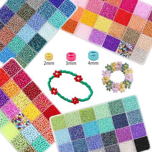 EuTengHao 81600pcs Glass Seed Beads Craft Beads 6/0,8/0,12/0 Multi-Size for DIY Bracelet Necklaces Crafting Jewelry Making Supplies with Beading Needles Elastic Strings (144 Colors, 2mm&3mm&4mm)