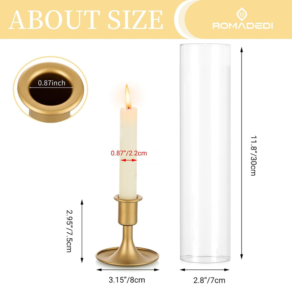 Romadedi Hurricane Candlestick Holders Gold - 10 Pcs Taper Candle Holders Bulk Tall Clear Glass Cylinder for Wedding Table Centerpieces Party Decor Birthday Christmas Home Decorations