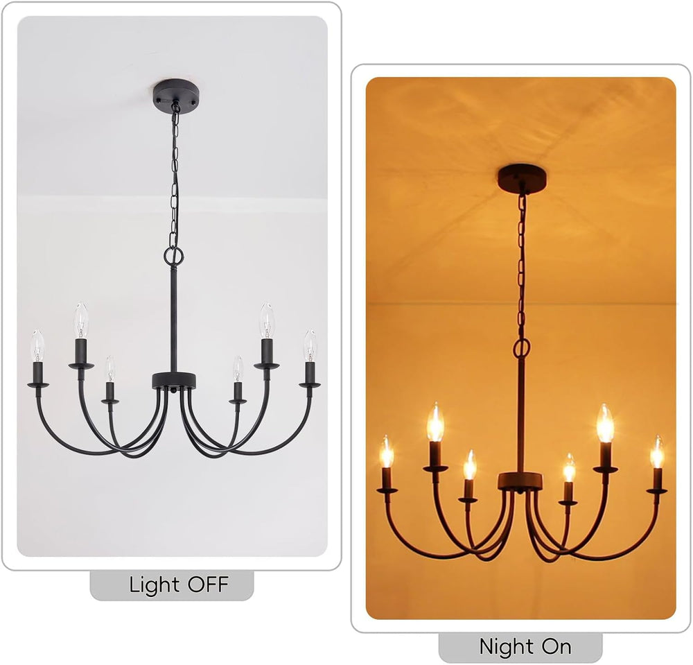 6 Light Black Farmhouse Chandelier, 26" Dining Room Light Fixtures