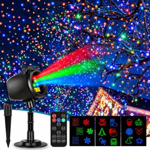 Outdoor Laser Projector Lights, RGB Firefly Light Show for Backyard Parties & Gatherings, IP65 Waterproof, 270° Adjustable, 10 Color Modes + 3 Changeable Holiday Cards(Halloween/Snowflake/Christmas)