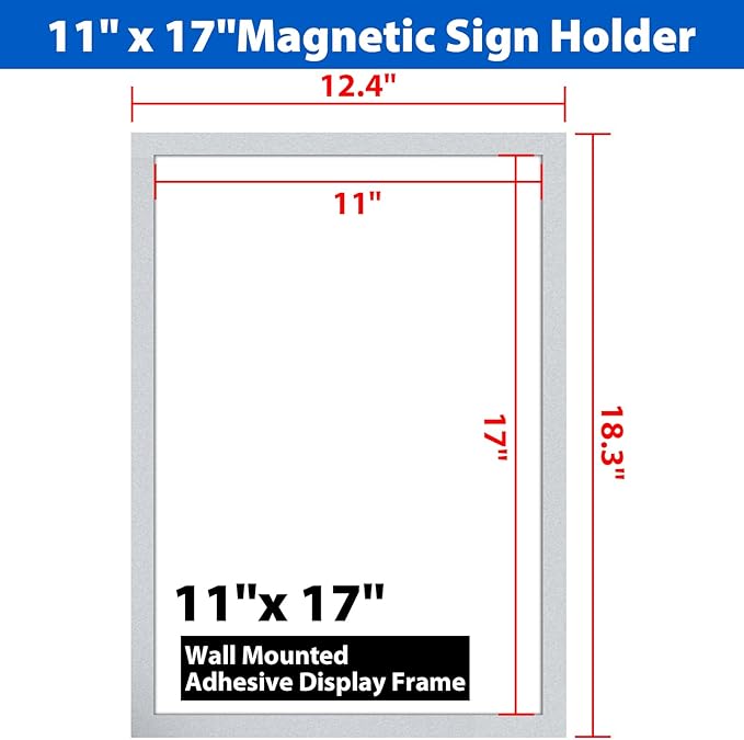 10Packs Magnetic Sign Holder, 11x17 Self Adhesive Display Frame with Strong Magnetic Frame and Clear PVC for Office Store Home Door Window Refrige Magnetic Paper Holder, Silver