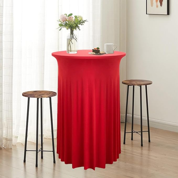 Albassa 4 Pack Cocktail Table Covers 32"x 43" Spandex Stretch Round Cocktail Tablecloths with Wavy Drapes Fitted High Top Bar Table Skirt for Wedding Party Banquet (Red, 4 PCS)