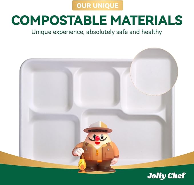 JOLLY CHEF Compostable 𝟱 Compartment Paper Plates 𝟭𝟭 * 𝟴 𝗶𝗻𝗰𝗵 [𝟭𝟬𝟬 𝗣𝗮𝗰𝗸] Heavy Duty White Divided Disposable Plate Eco-Friendly Biodegradable Containers Food Tray for Party Lunch Buffet (100 Pack)
