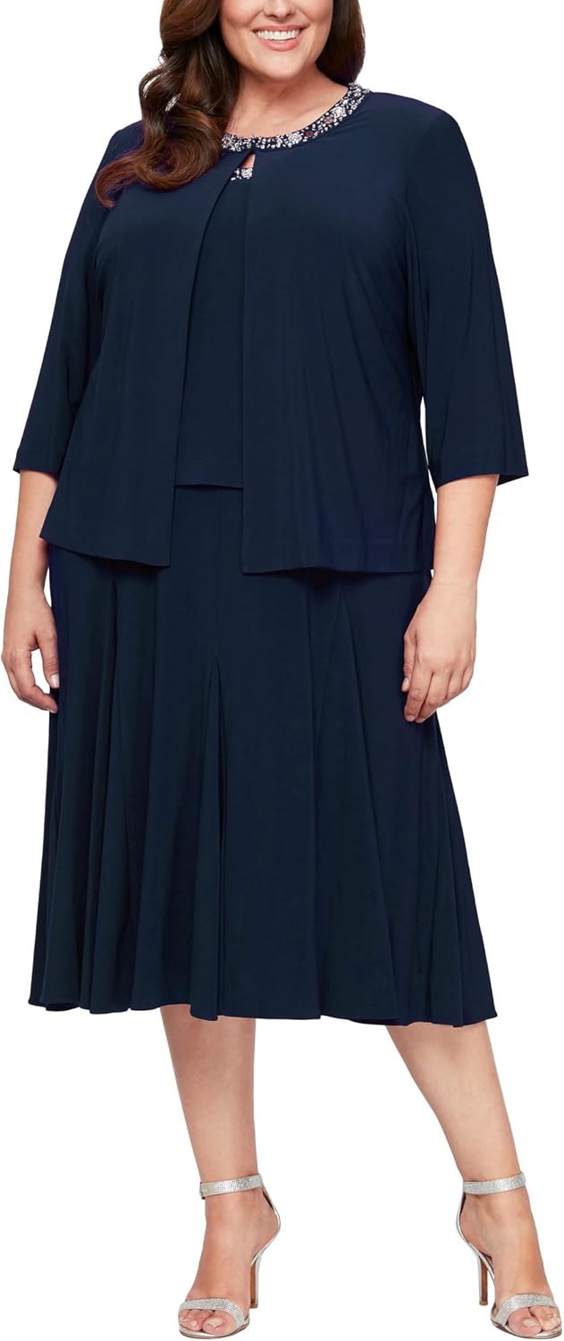 Alex Evenings Women's 2 Piece Tea Length Jacket Dress with Sequin Beaded ...