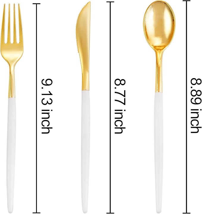 SUT Gold Plastic Silverware, 160Pcs Gold Utensils Set Disposable, 80 Gold Plastic Forks, 40 Gold Knives, 40 Gold Spoons, Gold Plastic Cutlery for Parties, Dinners, Weddings(White Gold)