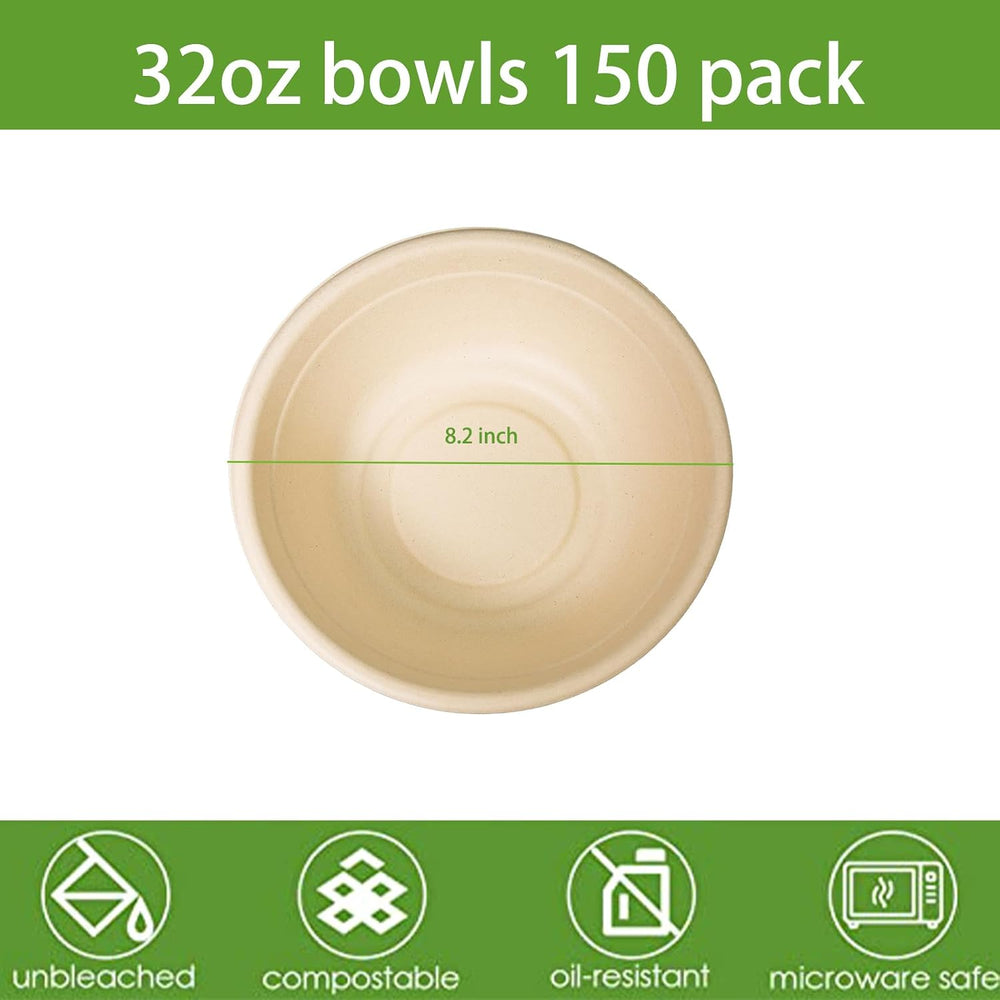 32oz Disposable Salad Bowls 150Pack, Big Paper Bowls, Large, Heavy-Duty, Eco-...