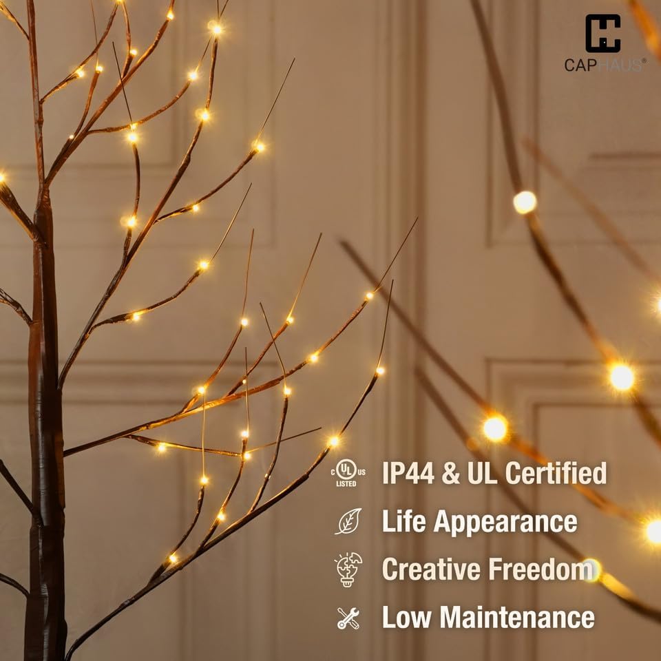 Fencer Wire Set of 3 Brown Birch Trees with Lights, 4/6/8 Ft Pre-Lit Twinkling Twig Trees, Warm White LED, Lighted Birch Trees for Indoor Decor, Light Up Brown Christmas Trees