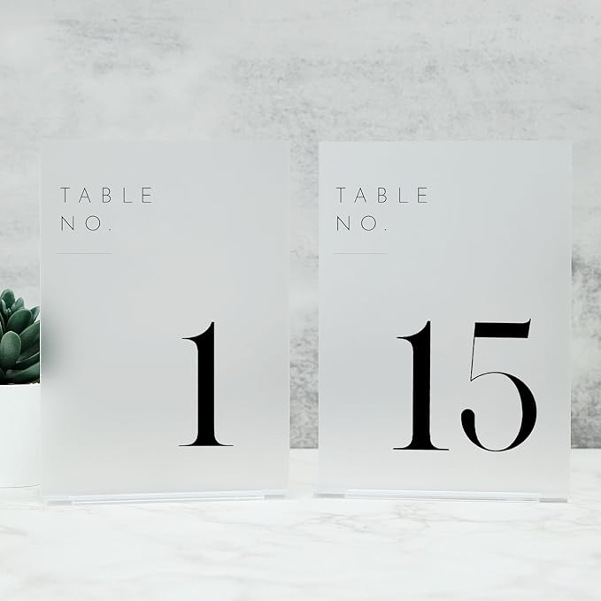 JINMURY Frosted Wedding Table Numbers 1-15 with Stands, 5"x7" Frosted Acrylic Table Numbers, Perfect for Wedding Reception, Party, Anniversary, Event (Black Font 1-15, 5"x7")