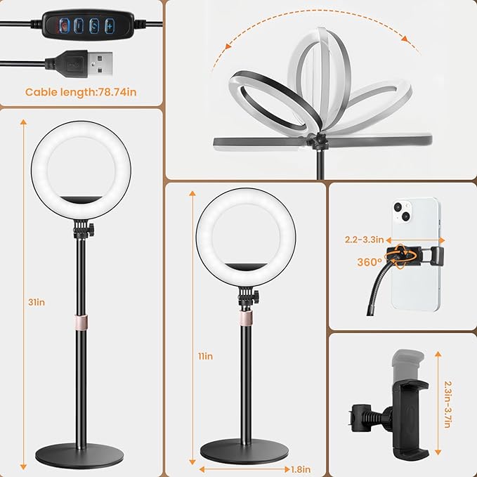 MACTREM 10“ Desk Ring Light with Stand, Desktop LED Circle Halo Light with Phone Holder for Computer Zoom Meeting, Laptop Light for Conference Video Calls, Live Streaming, Podcast, Selfie, Makeup