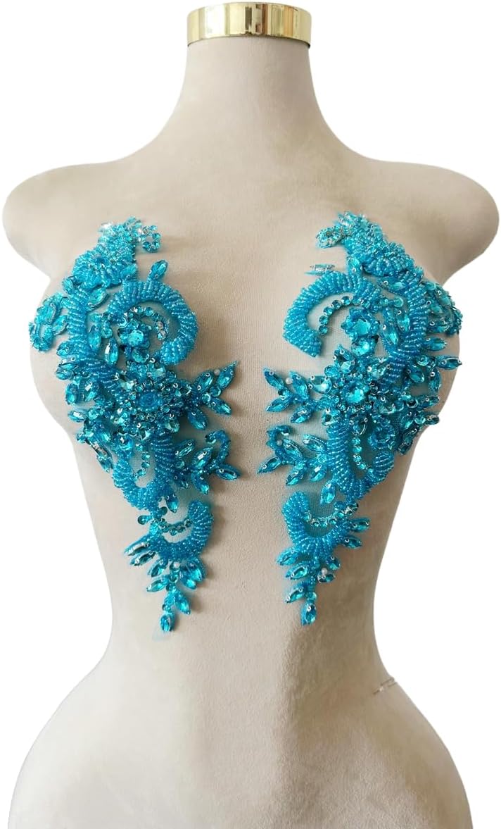 Handmade Rhinestones on Lace Applique Trim Sewing Beads Sequins Trim Patches ...
