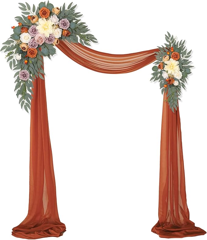 Artificial Wedding Arch Flowers Kit(Pack of 3),2Pcs Artificial Flower Arch Decor,1Pcs Sheer Drape for Wedding Ceremony Arbor for WeddingCeremony (Burnt Orange Wedding)