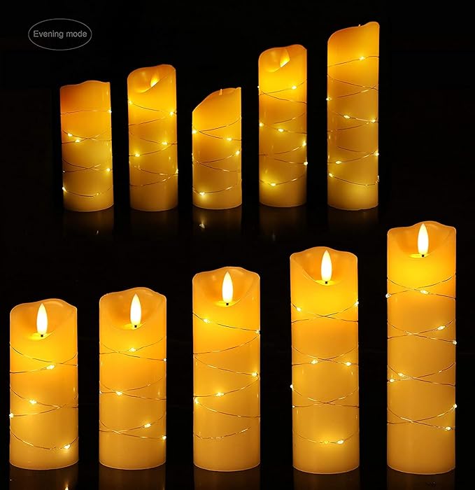 danip flameless Candle, with Embedded String Lights, 5-Piece LED Candles, with 10-Key Remote Control, 24-Hour Timer Function, Dancing Flame, Real Wax, Battery-Powered. (Ivory White)