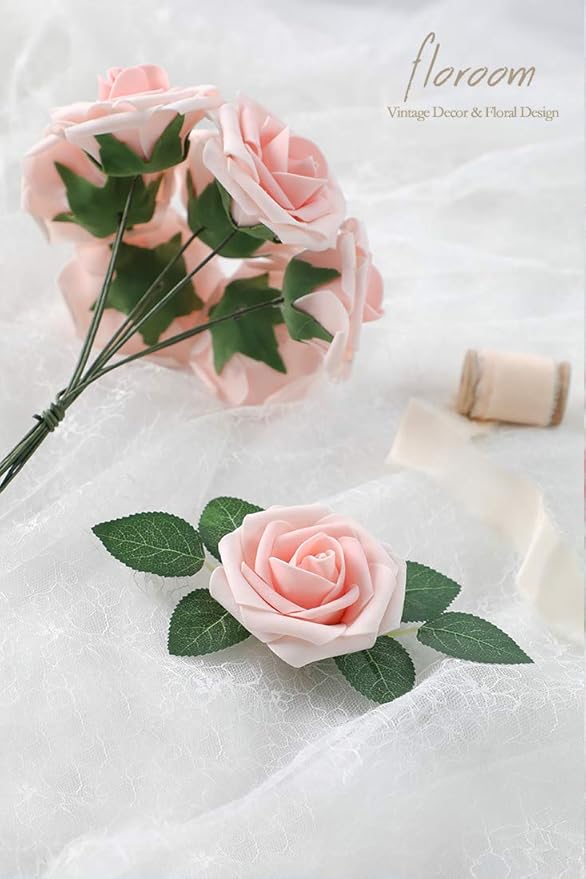 Floroom Artificial Flowers 50pcs Real Looking Blush Heirloom Foam Fake Roses with Stems for DIY Wedding Bouquets Pink Baby Shower Centerpieces Floral Arrangements Party Tables Home Decorations
