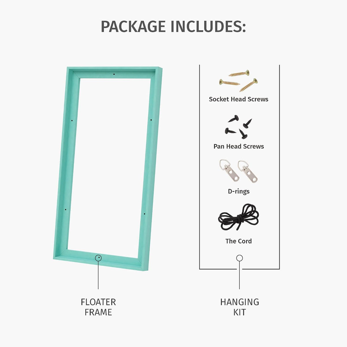pixy canvas 20x20 inch floater frame for 1.5", package contents